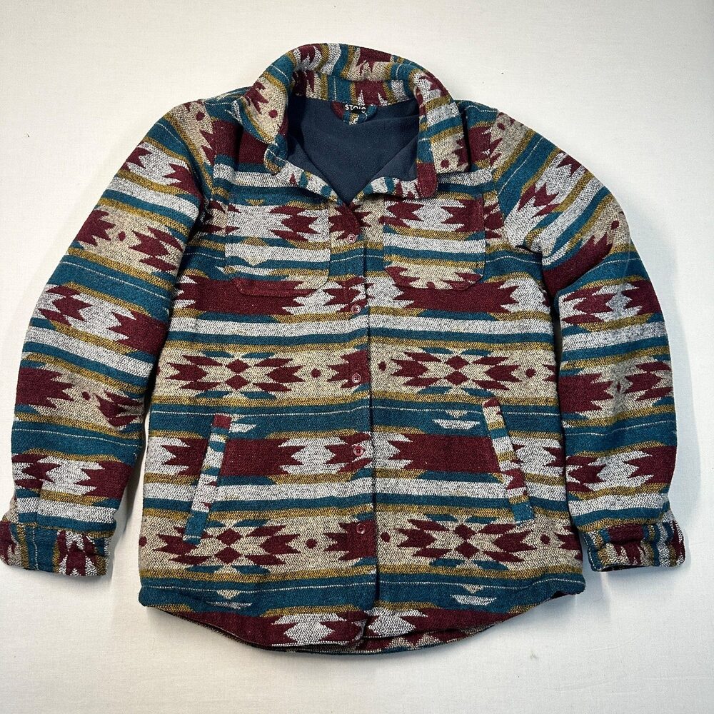 Western Boho Stoic Aztec Print Fleece Lined Shacket Jacket S